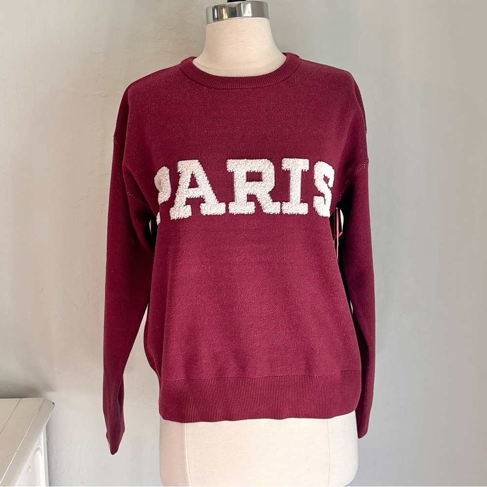 Cynthia Rowley Chunky Knit Pullover Sweater in Wine, PARIS Lettering, Sz S NWT